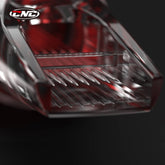 Close-up of CNC Police Weaved Magnum M1 tattoo needle cartridge, showing densely arranged needles inside its translucent red casing.